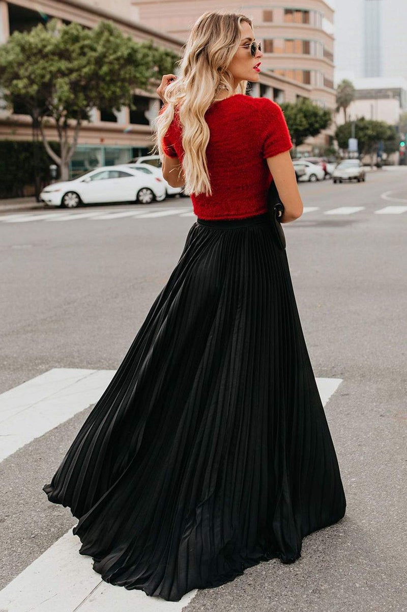ebossy Women's High Waist Flowy Pleated Chiffon Maxi Skirt (Large, Black) - Image 5